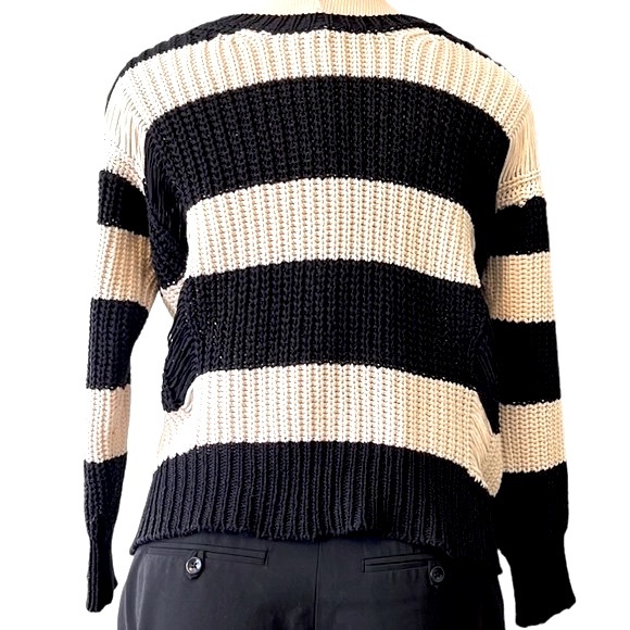 Sandro Stripe Distressed Knit Sweater, Black & Cream,  size EU 2/Med, US 4-6 - Picture 12 of 16